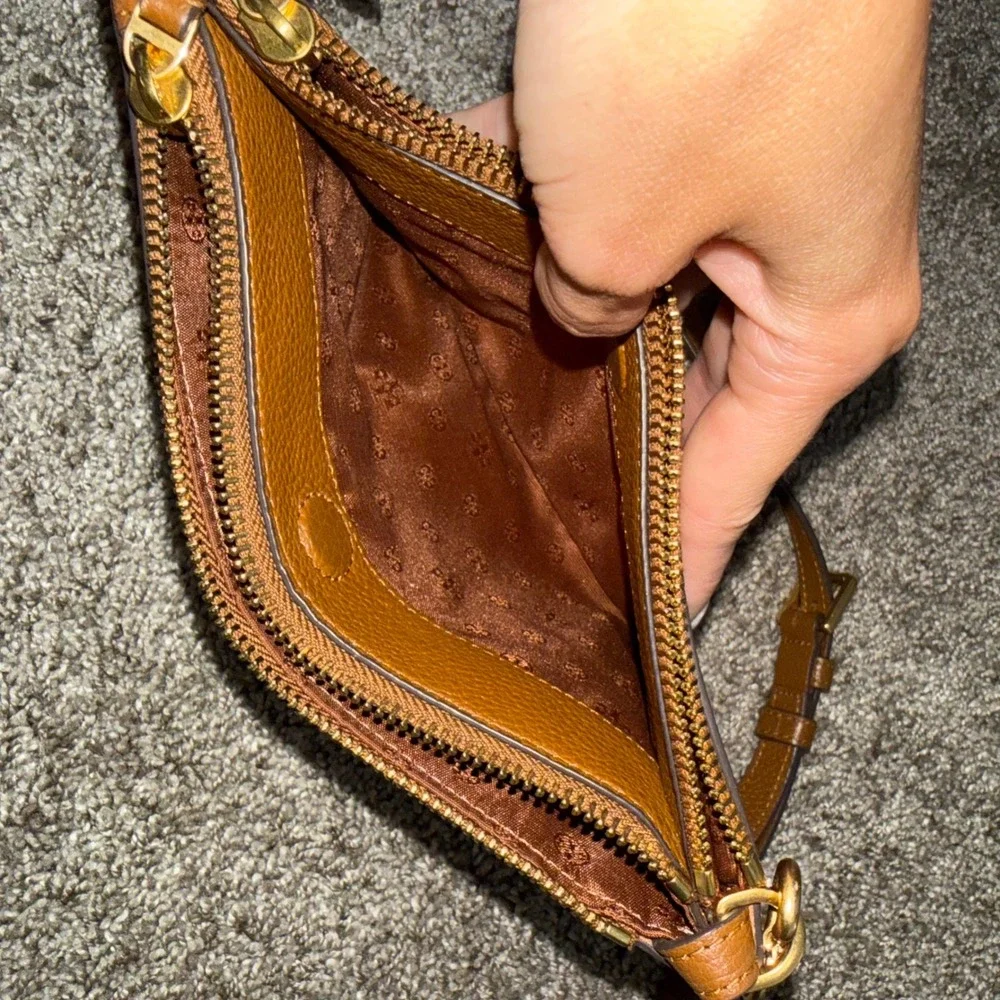 Tory Burch Crossbody Bag Womens Small Tan Fair Pebbled Leather Triple Zip Miller